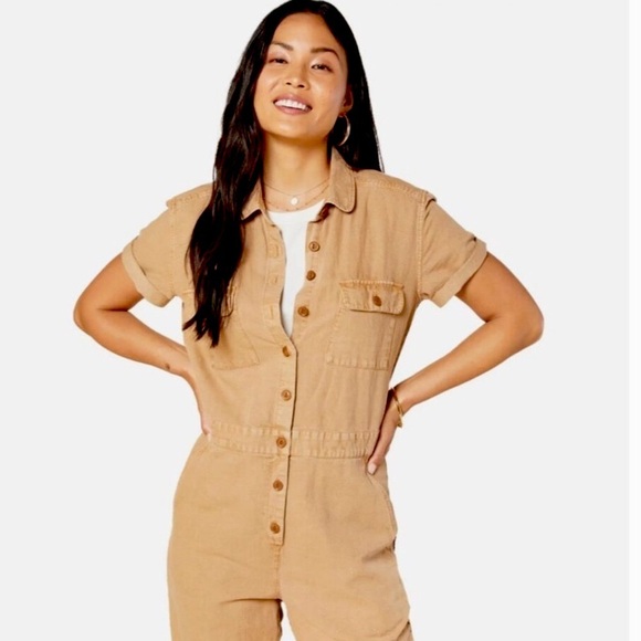 Outerknown SEA suit tan sand utility jumpsuit linen blend size Large NWT - Picture 3 of 12